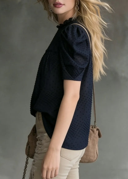 French Navy Wrinkled Cotton Blouses Puff Sleeve