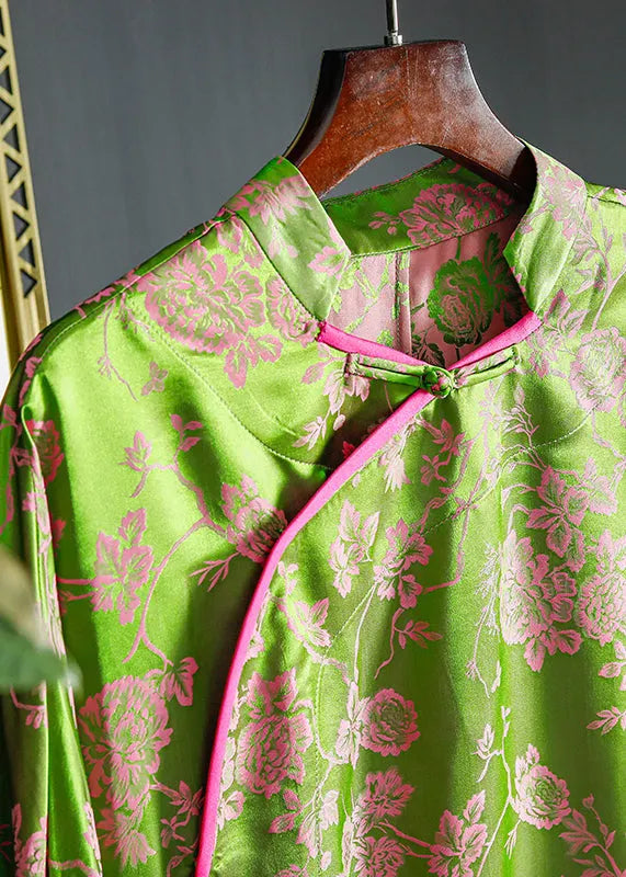 Green Stand Collar Chinese Button Patchwork Jacquard Silk Shirt Long Sleeve
