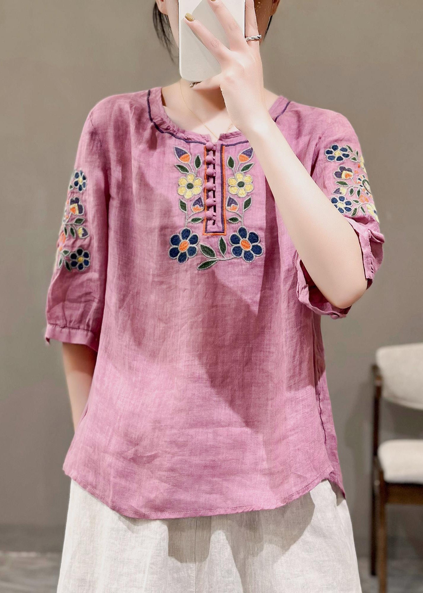 Style Rose O-neck Embroideried Linen Shirt Tops Summer