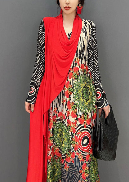 Red Asymmetrical Patchwork Print Maxi Dress Spring