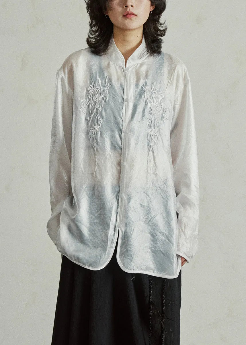 Chinese Style White Embroidered Button Organza Shirts Long Sleeve