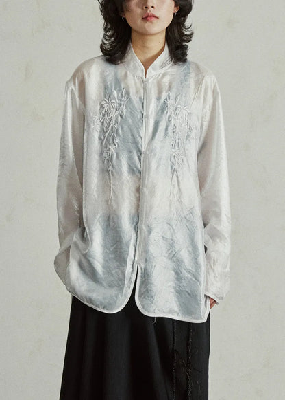 Chinese Style White Embroidered Button Organza Shirts Long Sleeve