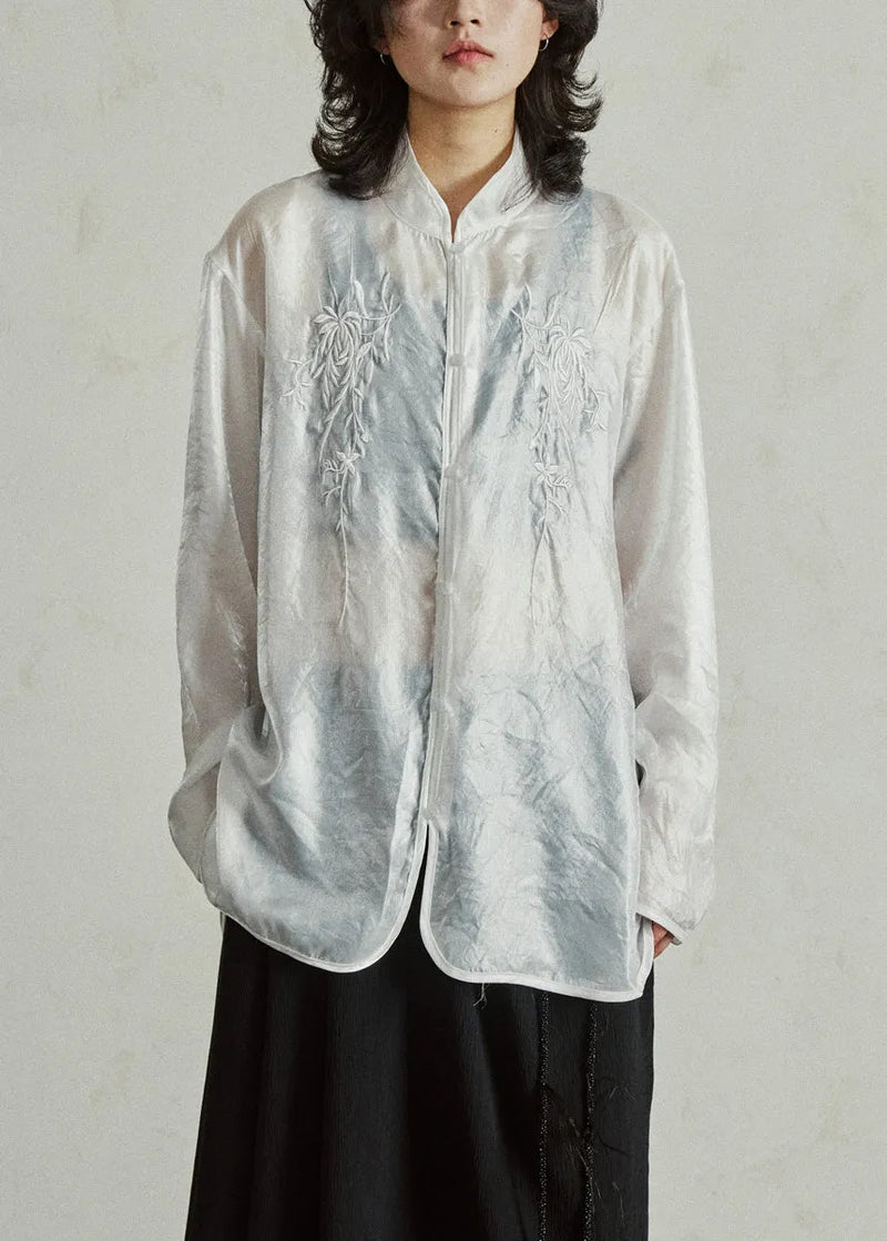 Chinese Style White Embroidered Button Organza Shirts Long Sleeve