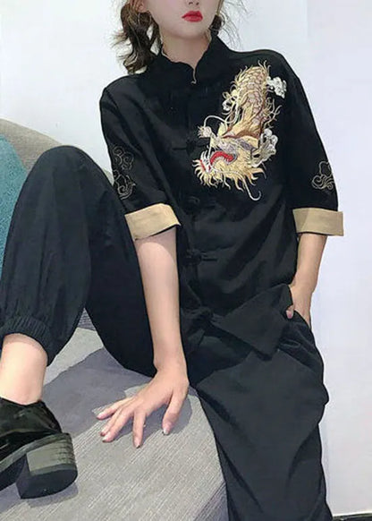 Black Button Stand Collar Embroideried Cotton Tops Half Sleeve