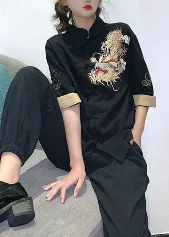 Black Button Stand Collar Embroideried Cotton Tops Half Sleeve