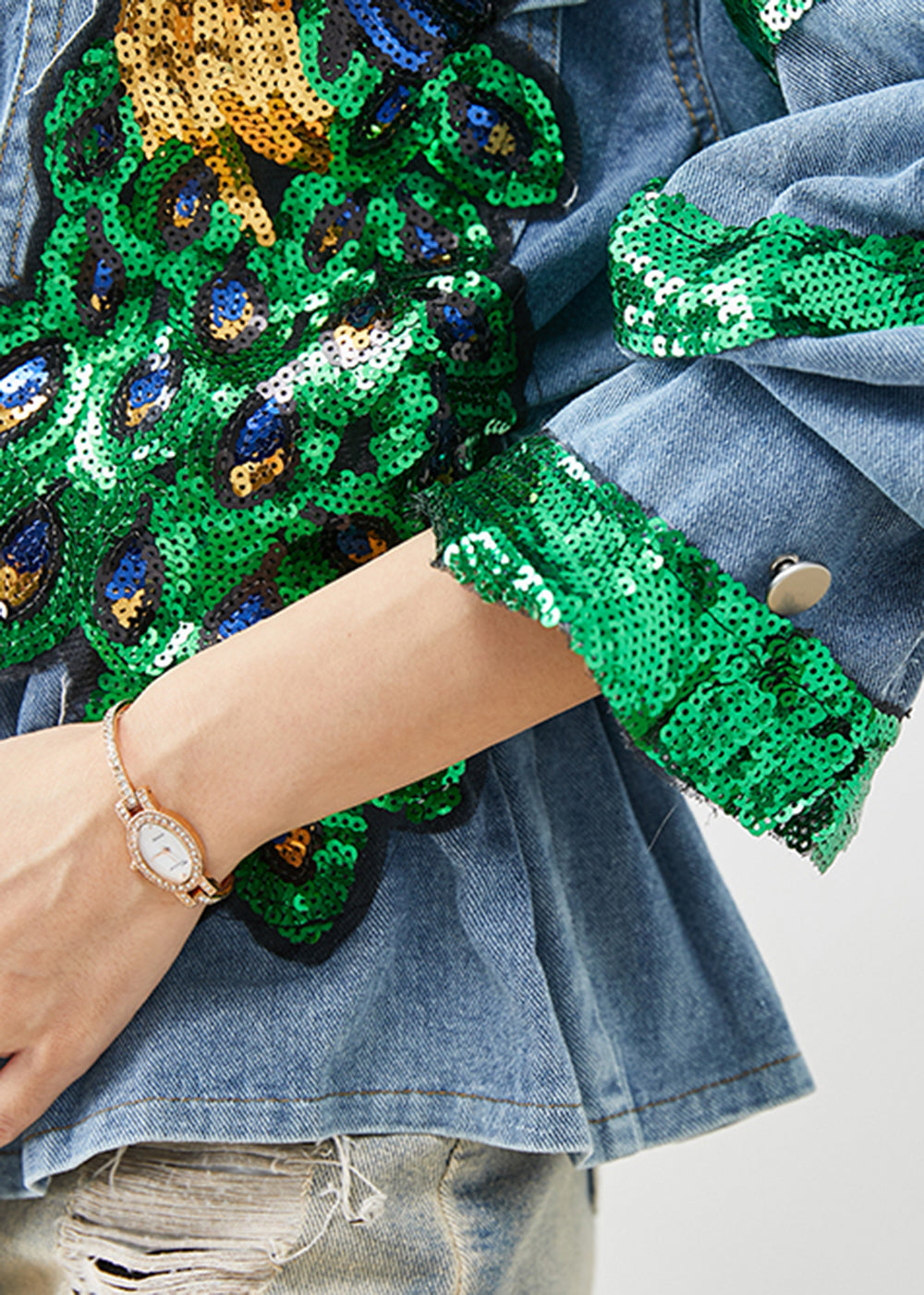 Blue Peacock Sequins Elastic Waist Denim Coats Fall