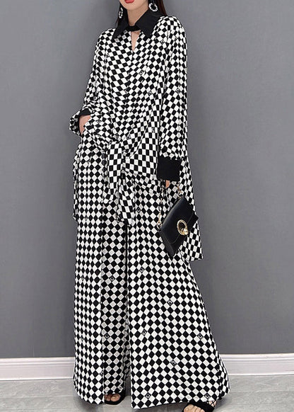 Modern Light Grey Peter Pan Collar Patchwork Chiffon Shirts and Wide Leg Pants Two Piece Suit Set Long Sleeve