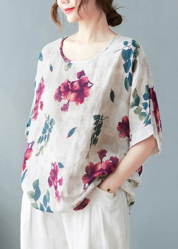 White Print Cotton Tanks O-neck Low High Design Short Sleeve