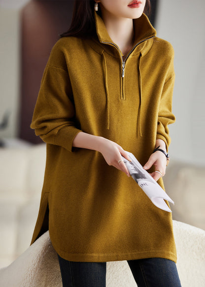 Yellow Zip Up Patchwork Knit Sweatshirt Top Fall
