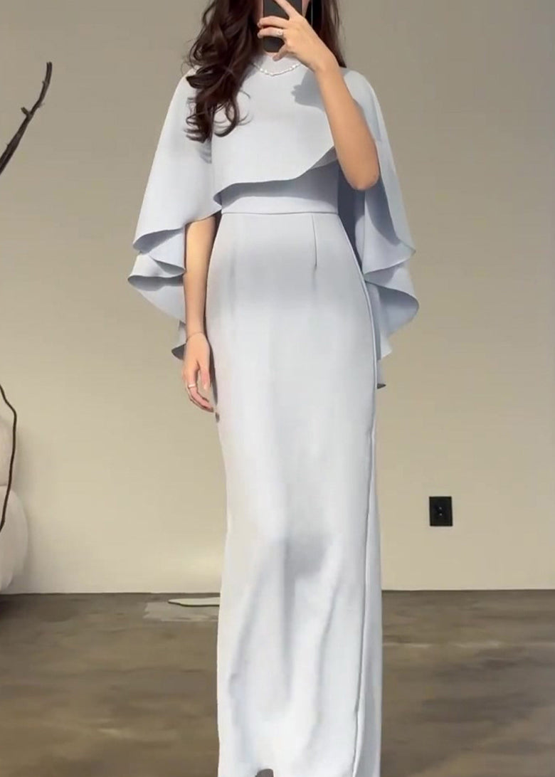 Slim Fit Light Blue Silk Shawl Waist Cinched Dress Summer
