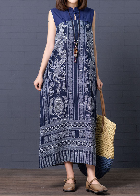 Blue Stand Collar Print Patchwork Cotton Summer Dress Sleeveless