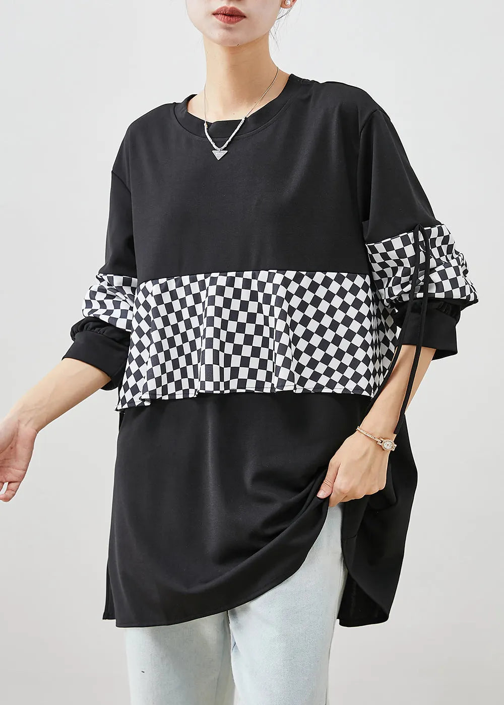 Italian Black Oversized Patchwork Warm Fleece Pullover Fall