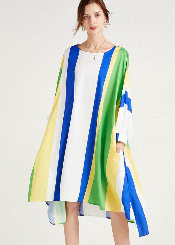 Diy Blue Striped Loose Bat Wing Sleeve Striped Summer Long Sleeve Dress