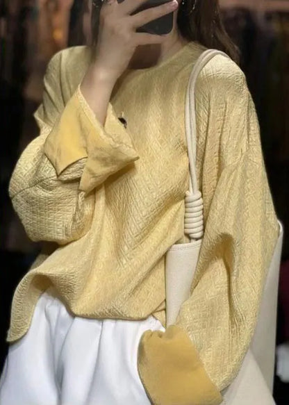 Yellow O-neck Cotton Tops Long Sleeve