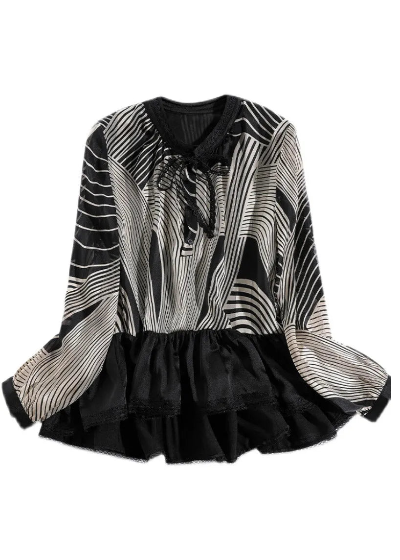 Ruffles Striped Patchwork Chiffon Shirt Tops Long Sleeve