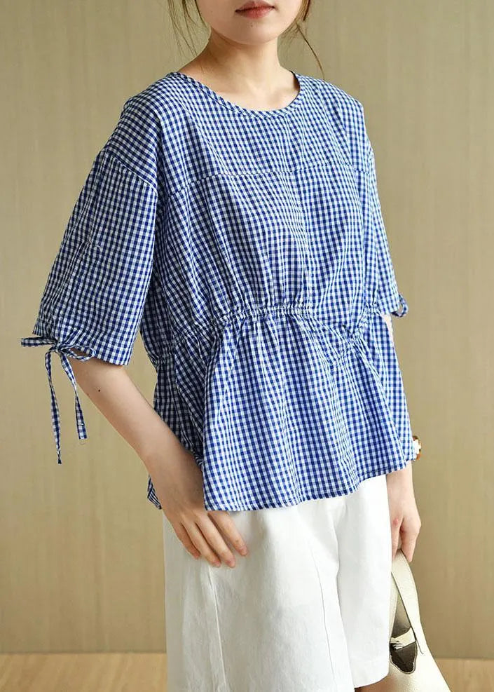 French Blue Plaid Patchwork Drawstring Summer Cotton Half Sleeve Blouse Top