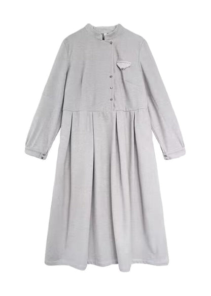 Grey Stand Collar Wrinkled Patchwork Cotton Dresses Fall
