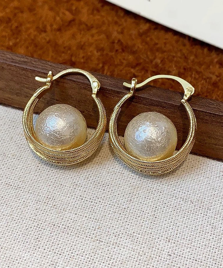 Gold Copper Overgild Cotton Pearl Bird's Nest Hoop Earrings