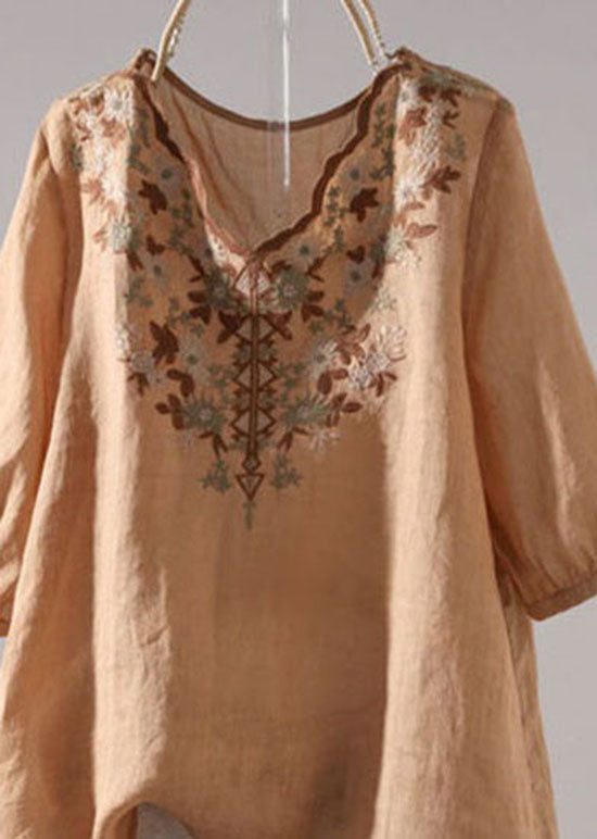 Khaki V Neck Embroideried Patchwork Linen T Shirt Summer