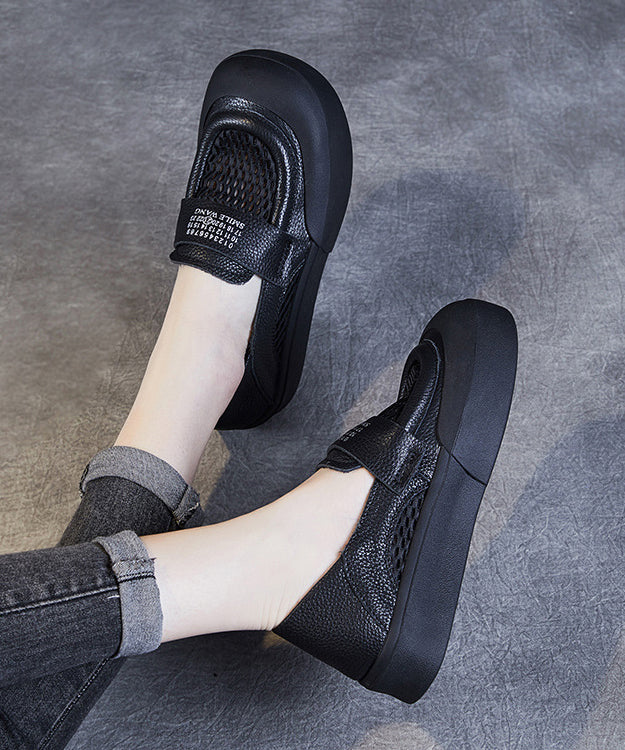 Black Cowhide Leather Hollow Out Loafers Shoes for