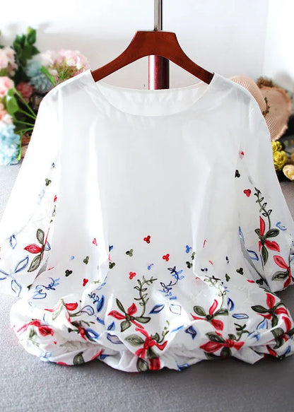 White O-neck Embroideried Chiffon Tops Lantern Sleeve