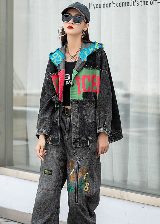 Denim Patchwork Knit Pockets Hooded Fall Coats Long Sleeve