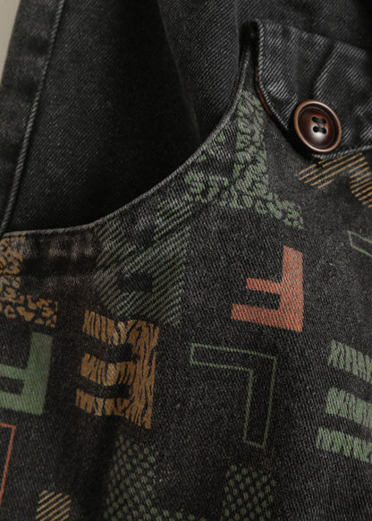 Black Pockets Graphic Print Denim Harem Pants Spring