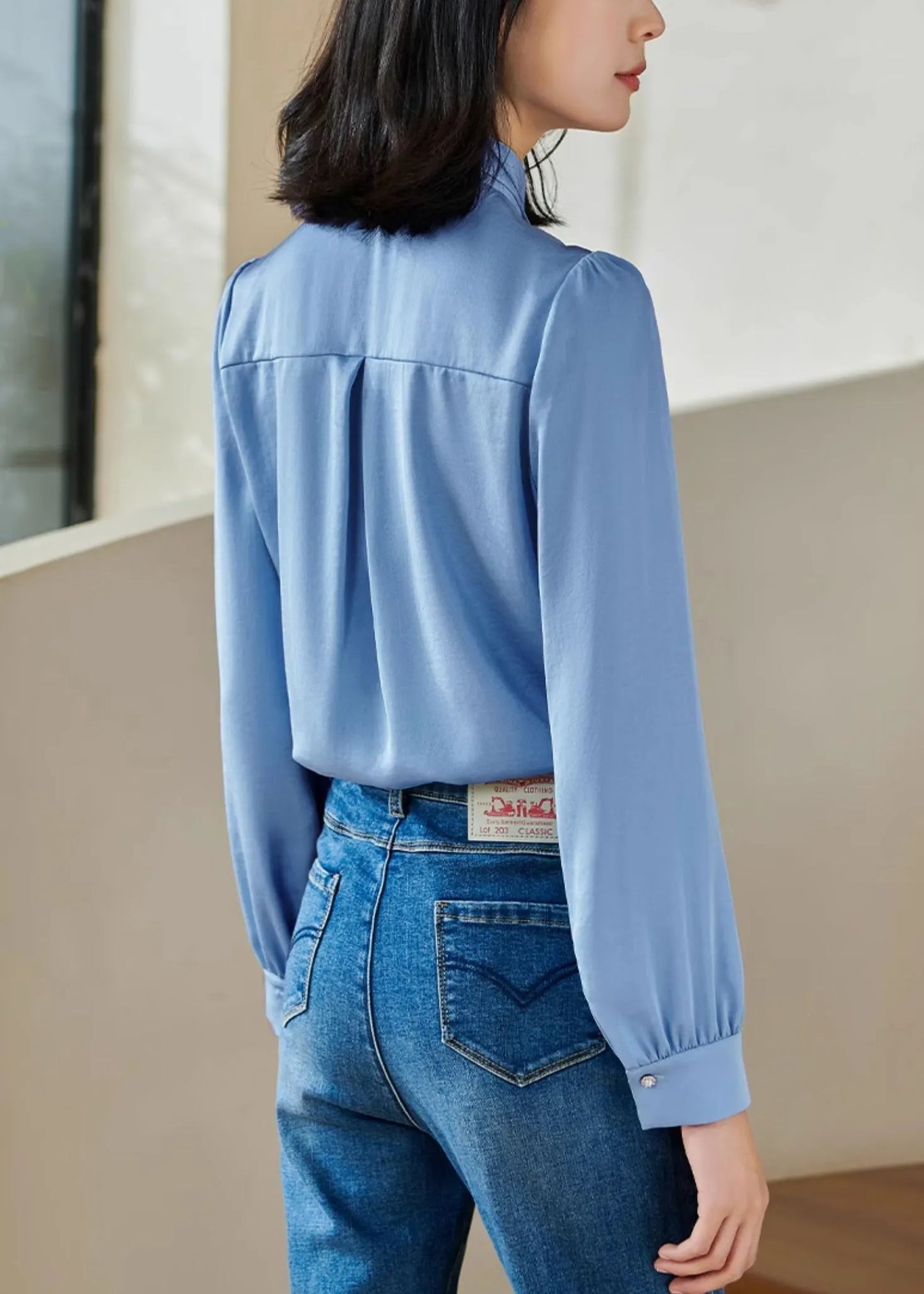 Blue Button Silk Shirts Lace Up Long Sleeve