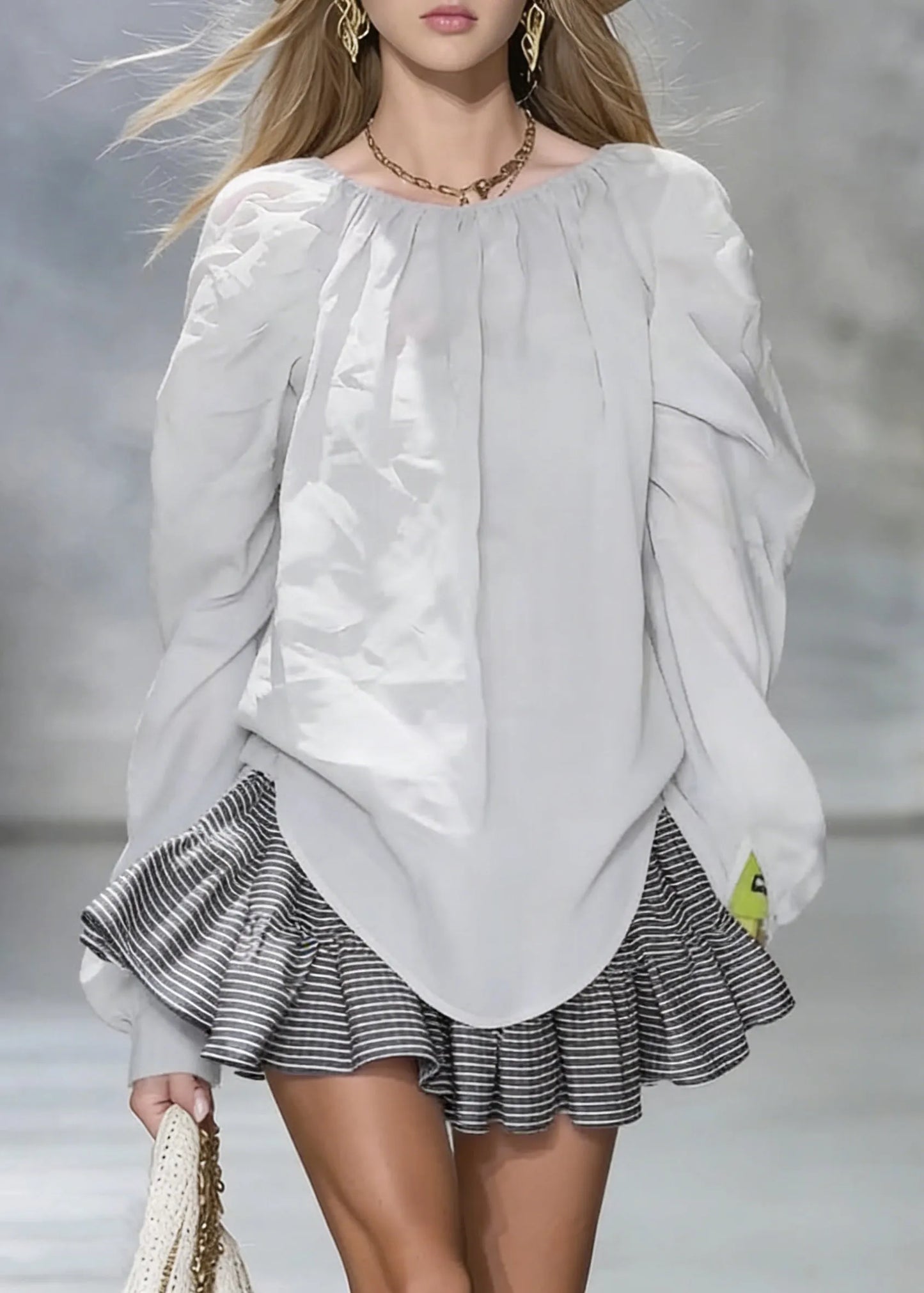 New Grey Wrinkled Cotton Shirt Tops Spring