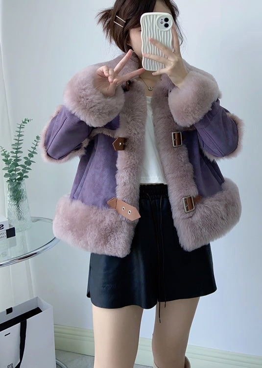 Style Purple Square Collar Pockets Patchwork Leather and Fur Coat Winter
