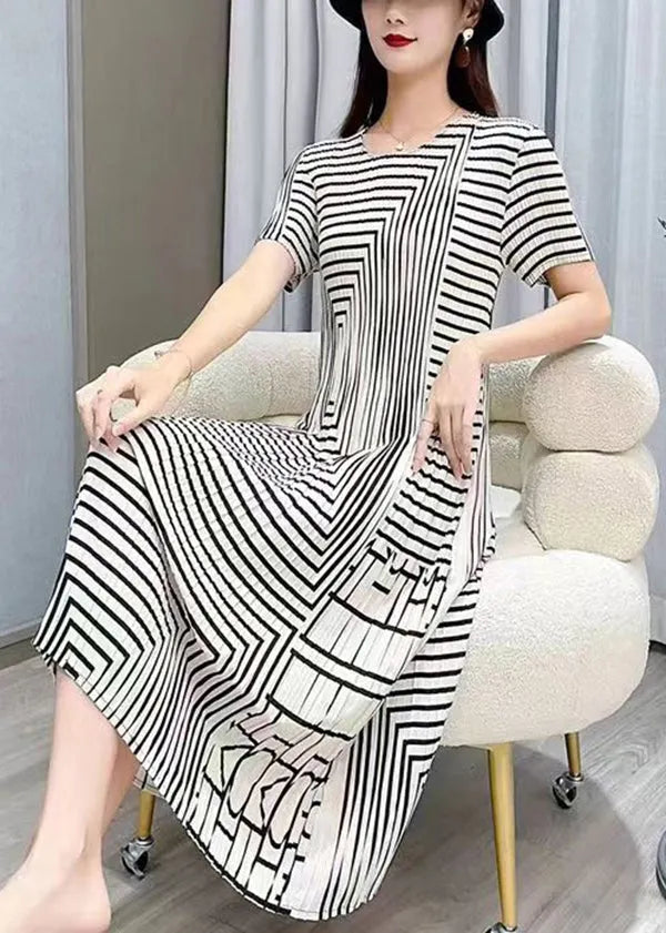 White O Neck Striped Wrinkled Silk Dresses Summer