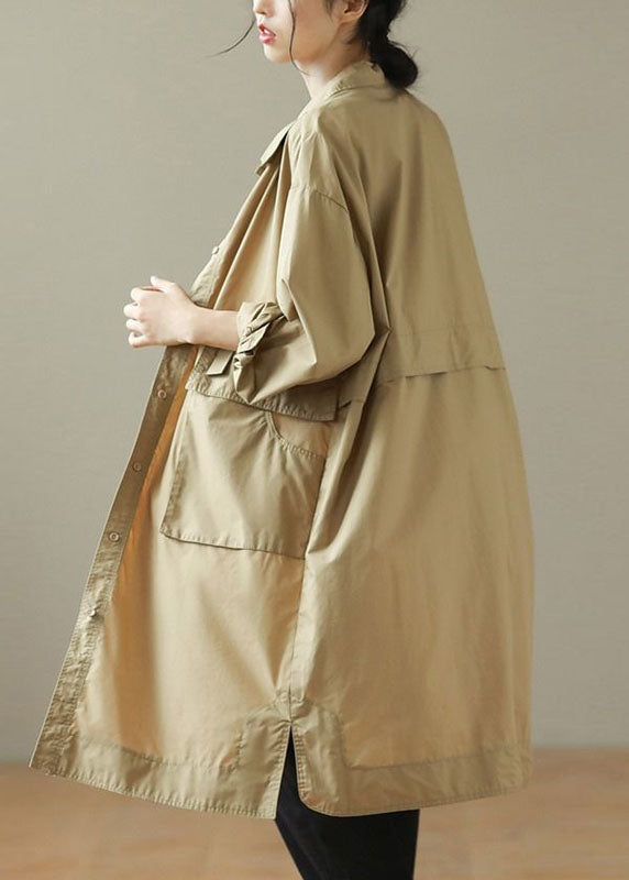 Khaki Peter Pan Collar Mid Trench Coats Long Sleeve