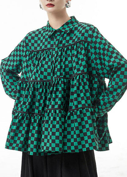 Green Plaid Chiffon Shirt Tops Patchwork Wrinkled Spring