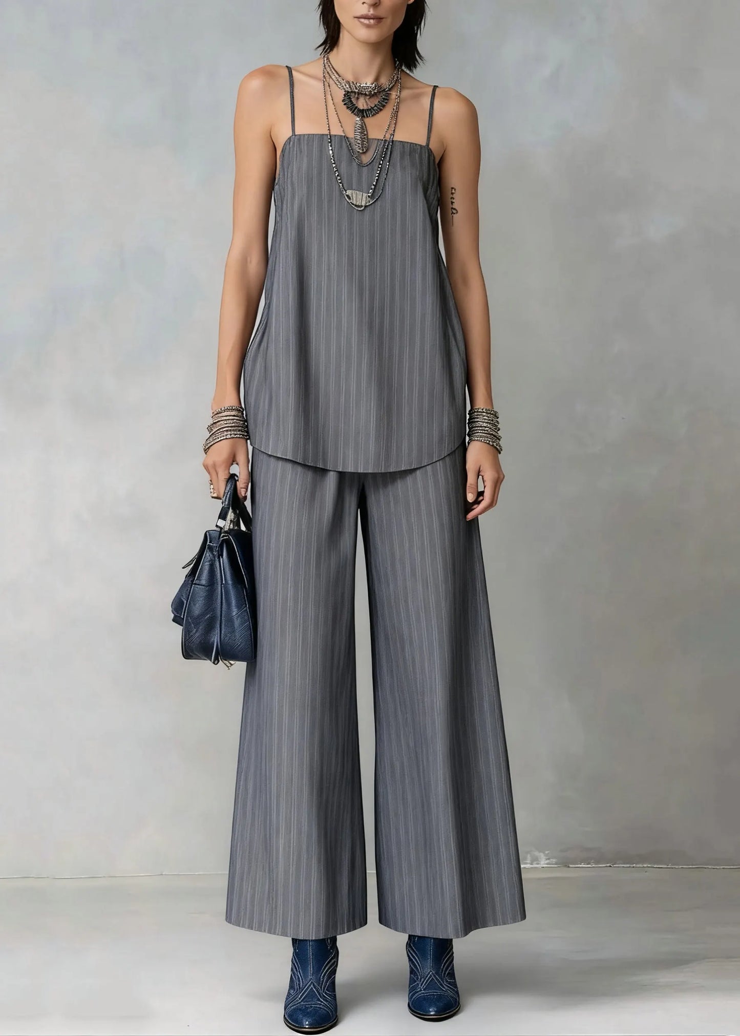 French Grey Striped Spaghetti Strap Tank and Wide Leg Pants Cotton Two Pieces Set Sleeveless