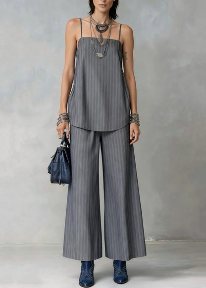 French Grey Striped Spaghetti Strap Tank and Wide Leg Pants Cotton Two Pieces Set Sleeveless