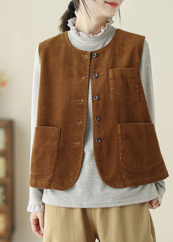 Caramel O Neck Pockets Corduroy Vest Sleeveless