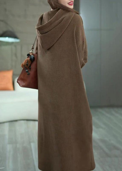 Loose Coffee Hooded Pockets Cotton Long Dress Winter