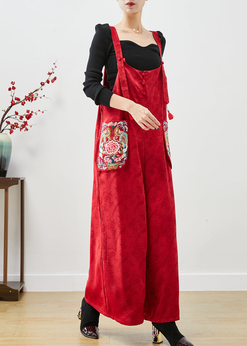 Red Embroideried Pockets Silk Jumpsuit Fall