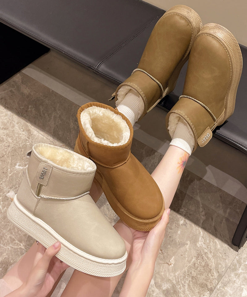Camel Boots Platform Faux Leather Fuzzy Wool Lined