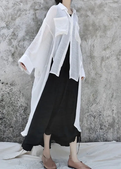 White Peter Pan Collar Asymmetrical Design Cotton Shirt Batwing Sleeve