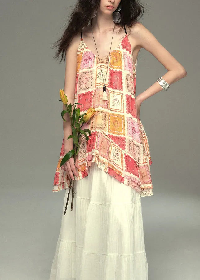 Khaki Oversized Print Cotton Vests Summer