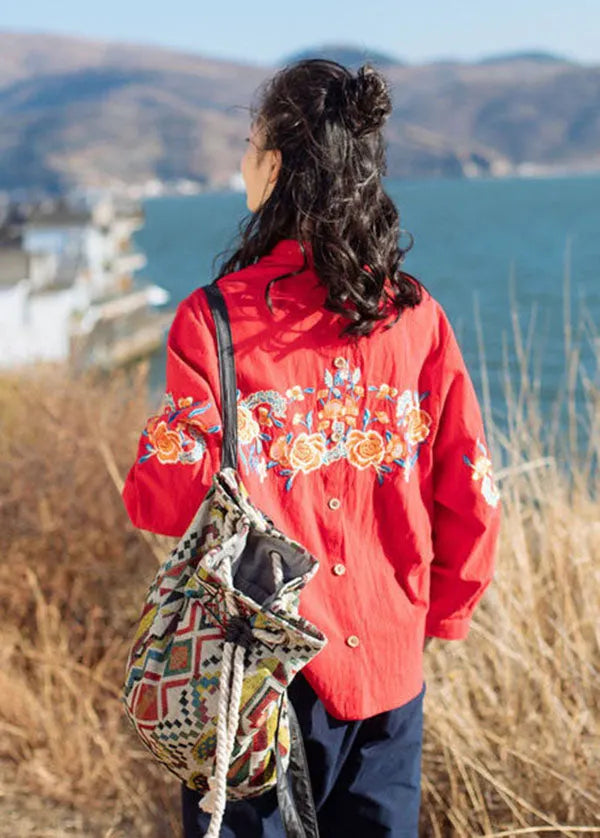 Red V Neck Embroideried Cotton Shirt Tops Half Sleeve