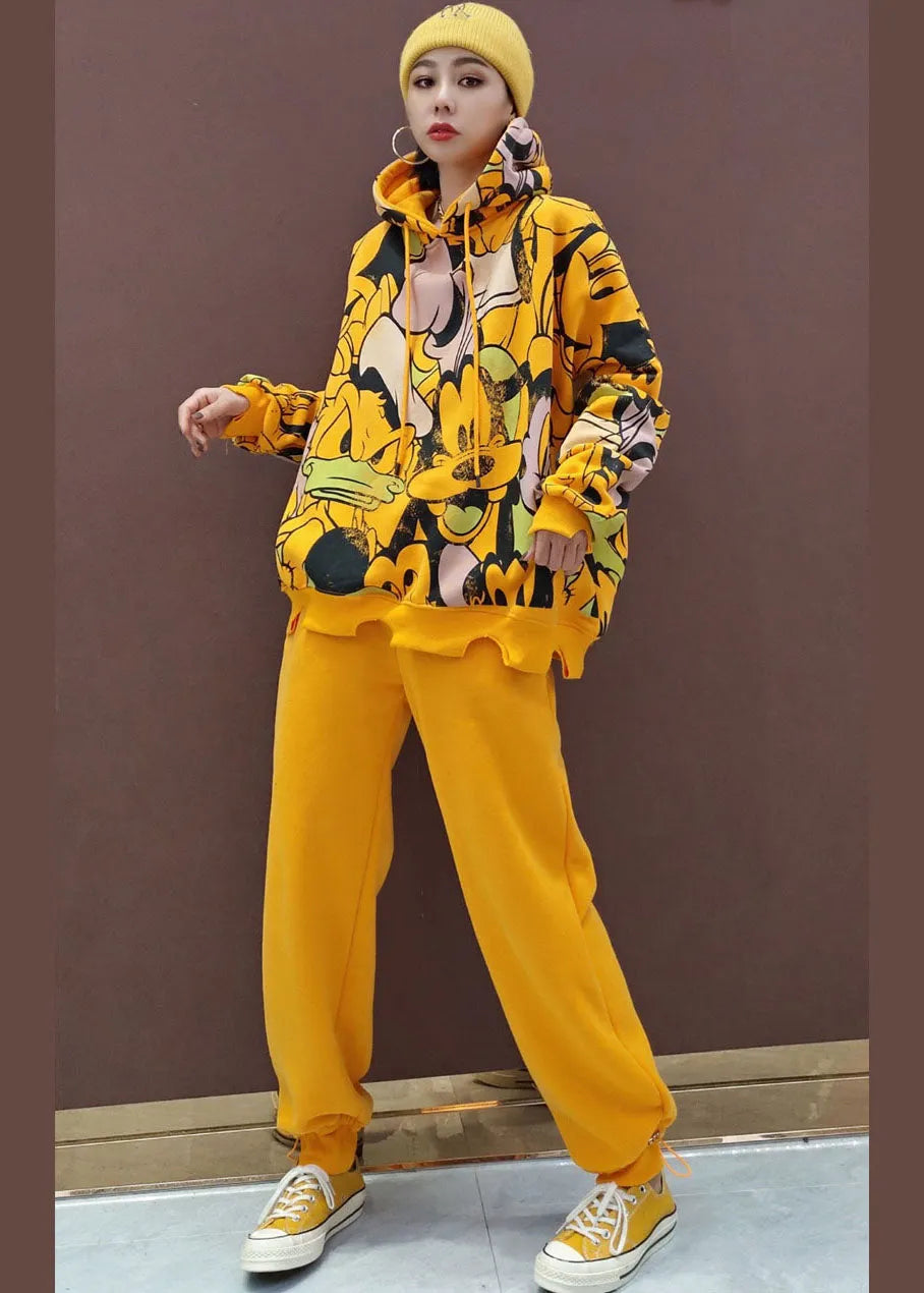 Simple Yellow Hooded Warm Fleece Sets 2 Pieces Spring