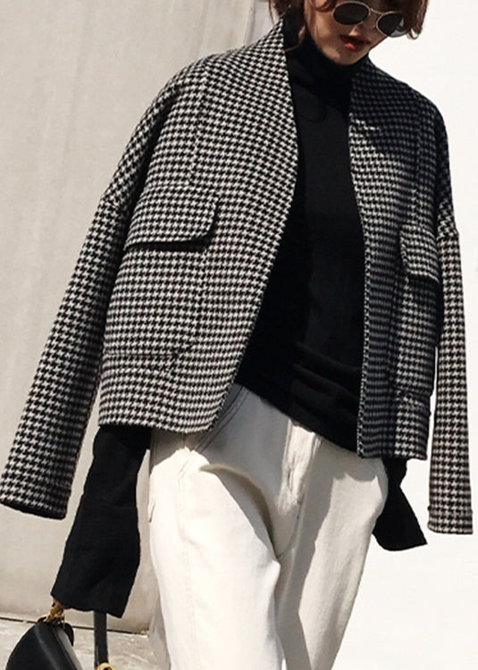 Vogue Black Notched Plaid Pockets Cashmere Coat Long Sleeve Fall