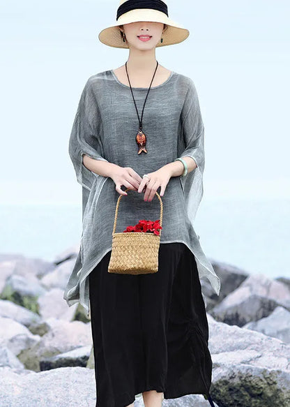 Grey Loose Linen Upf 50+ Tops Low High Design Short Sleeve