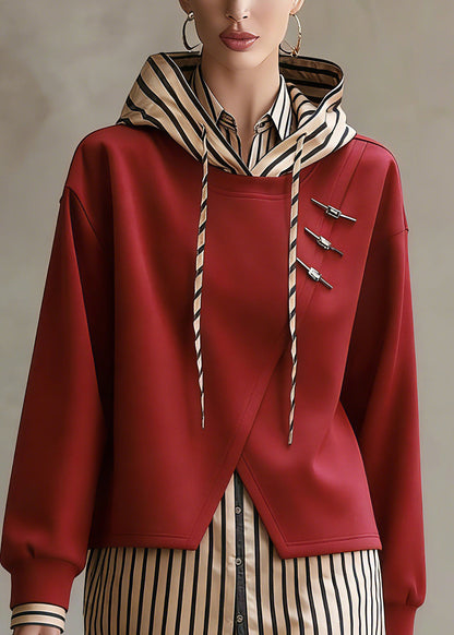 Unique Red Hooded Patchwork False Two Pieces Cotton Top Spring