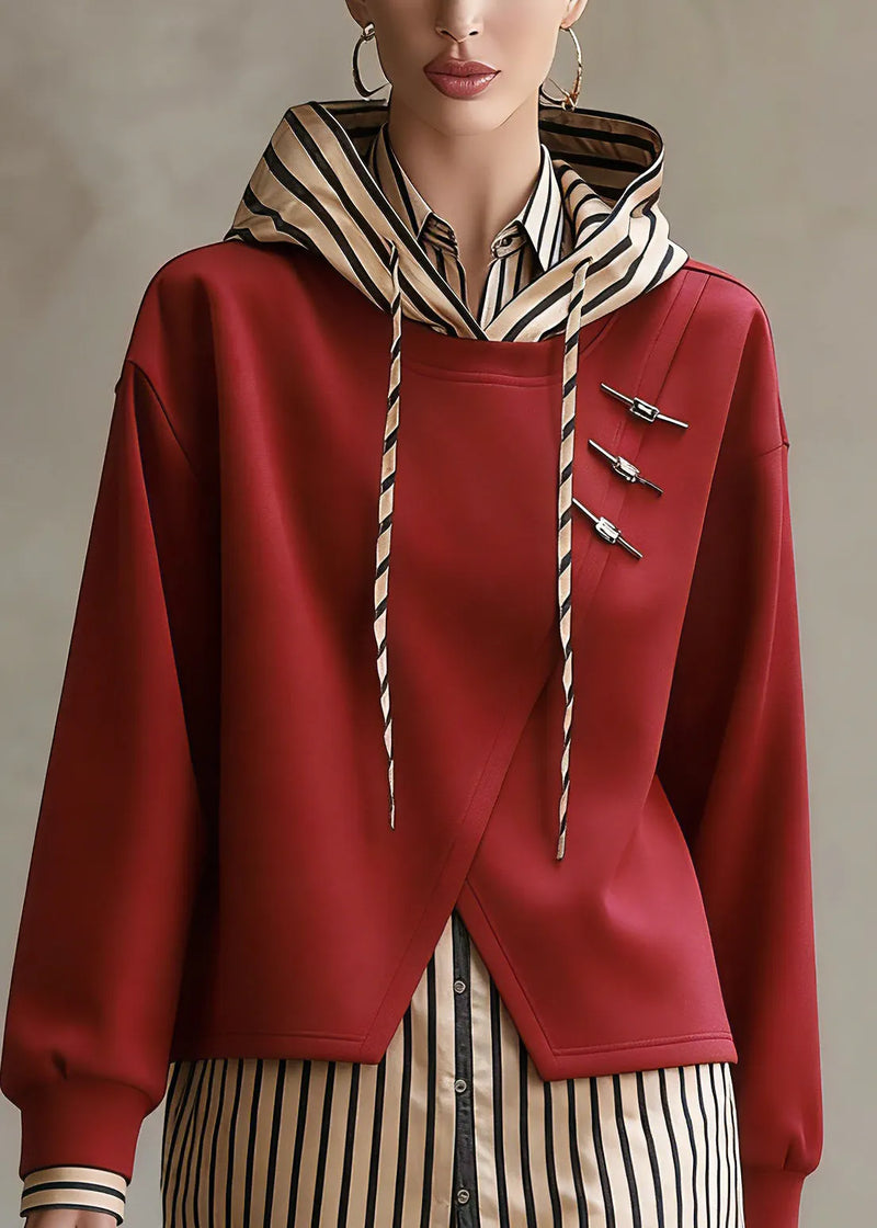 Unique Red Hooded Patchwork False Two Pieces Cotton Top Spring