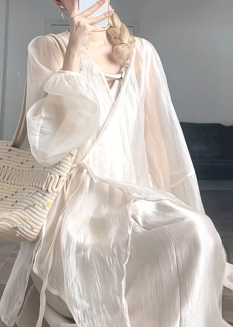 Loose Beige V Neck Silk Shirts and Spaghetti Strap Dress Two Piece Set Long Sleeve