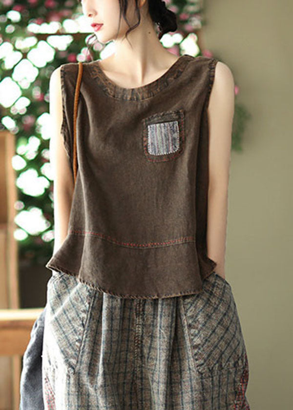 French Chocolate O-neck Patchwork Linen Tank Tops Sleeveless