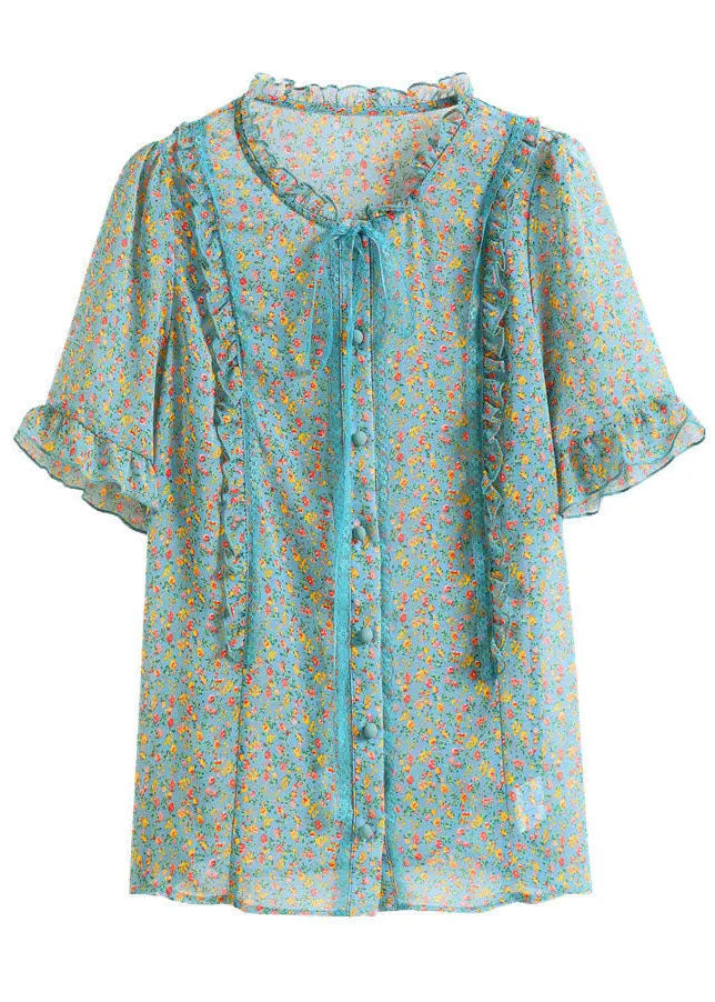 Green Ruffled Print Chiffon Blouses Summer